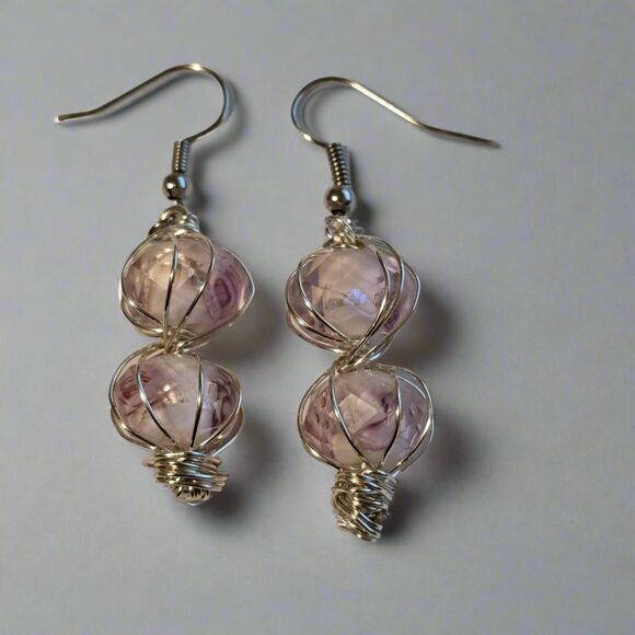 Handmade Pink Glass Bead Wire Wrapped Dangle Earrings Silver Tone - Picture 1 of 5